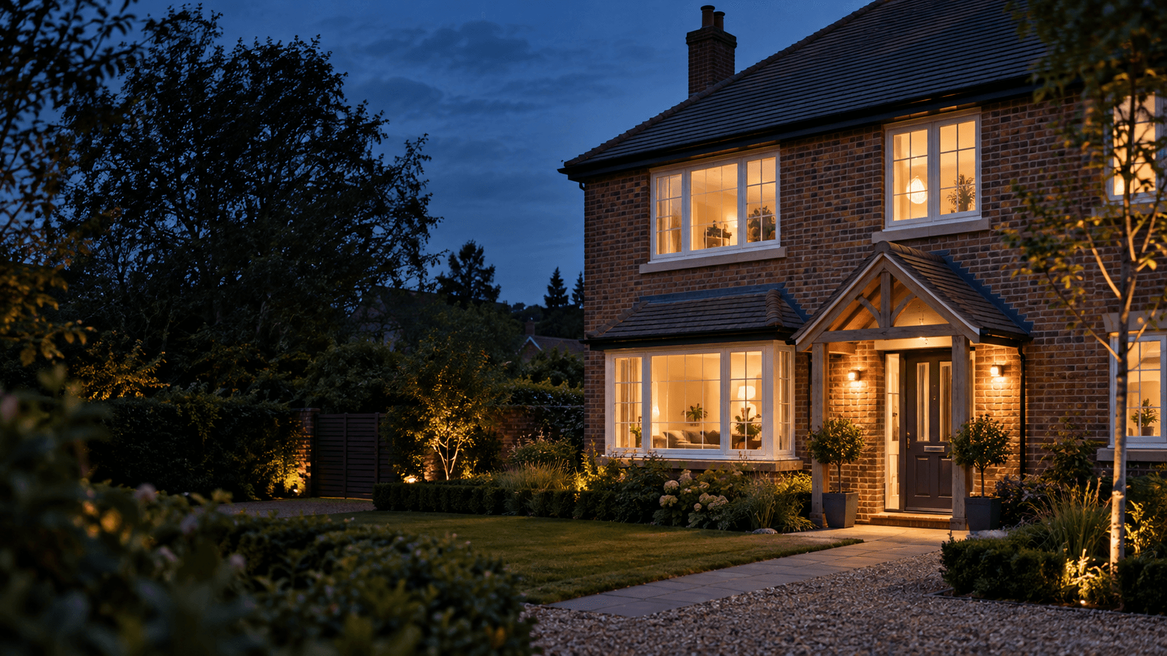 Warmly lit British home at dusk
