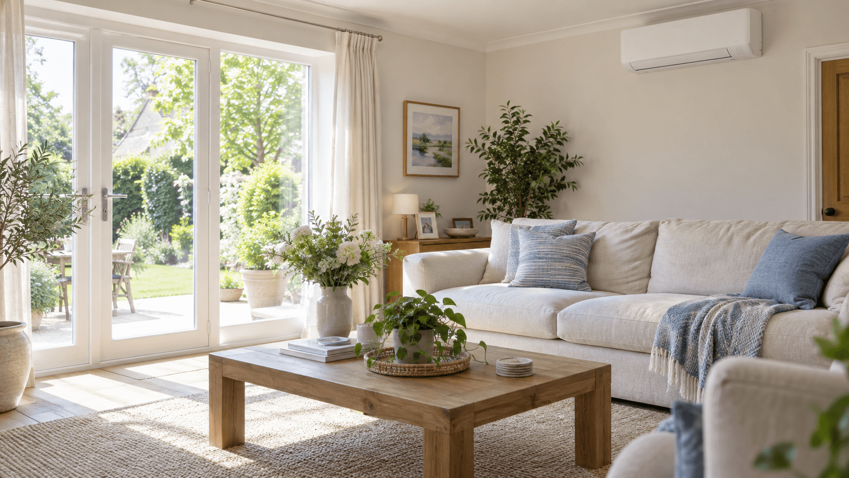 Bright living room with a discreet wall-mounted air-conditioning unit